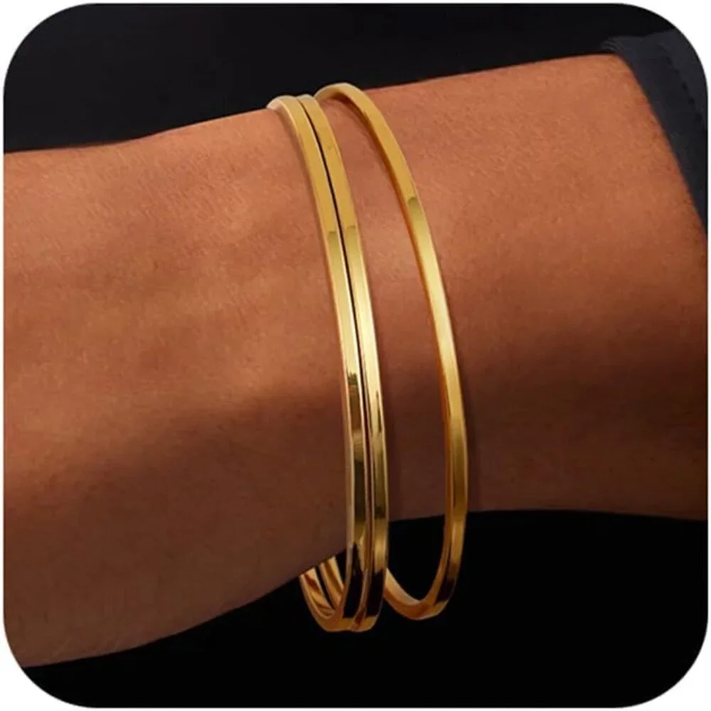Jewelry Women Gold Plated Bangles Set of 3 Stainless Steel 7.5 Inch Stackable